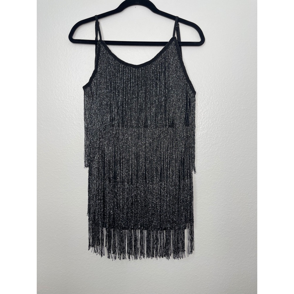 Black Silver Metallic Tiered Fringe Cami Tank Top Small Flapper Dance Party Sm - Picture 3 of 9